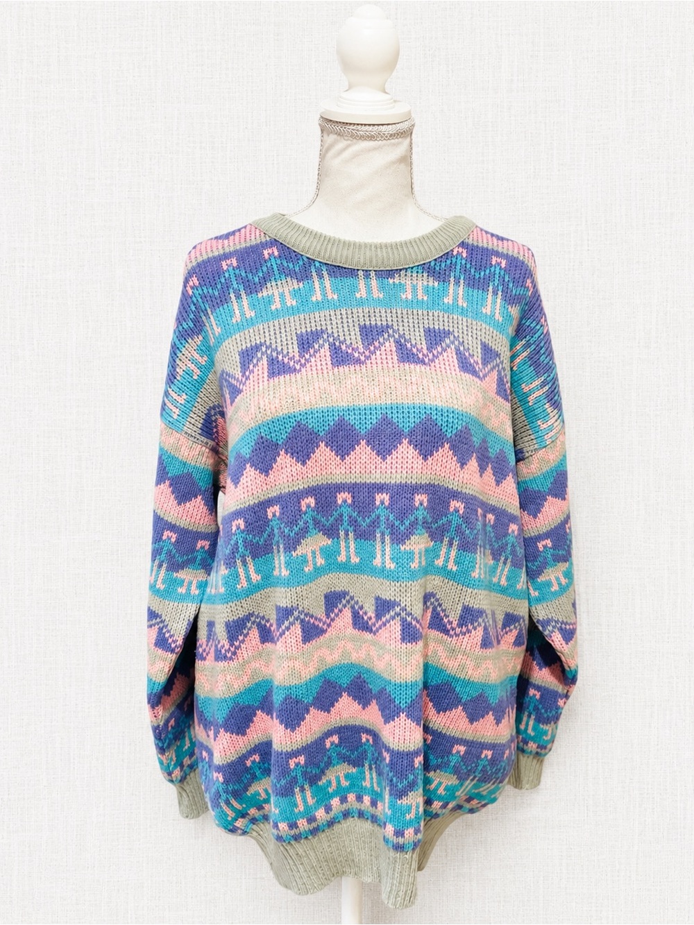 Vintage Pastel Fair Isle Knit Sweater Pink Blue Aqua Retro 80s 90s Medium